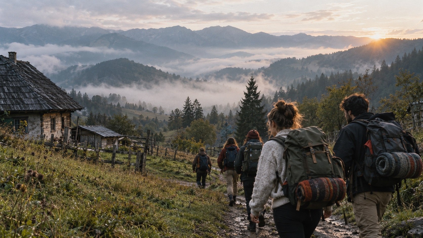 A small group carrying backpacks walks from a mountain village into the Carpathians at sunrise.