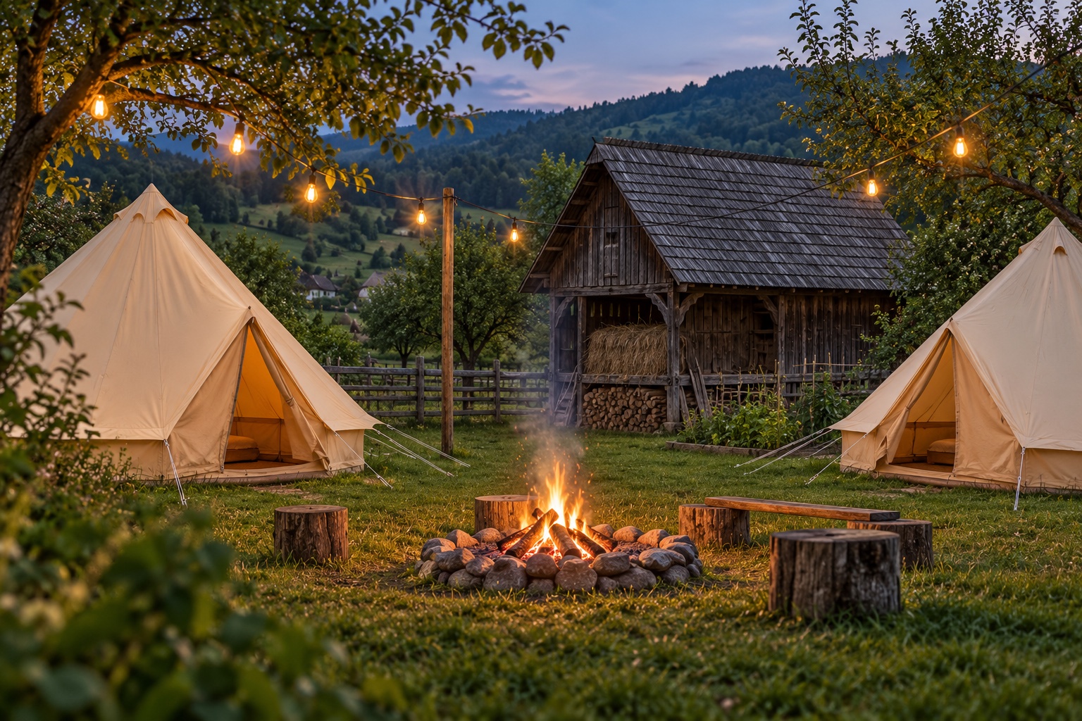 Two canvas tents and a campfire glow beside a timber barn in a Maramureș garden.