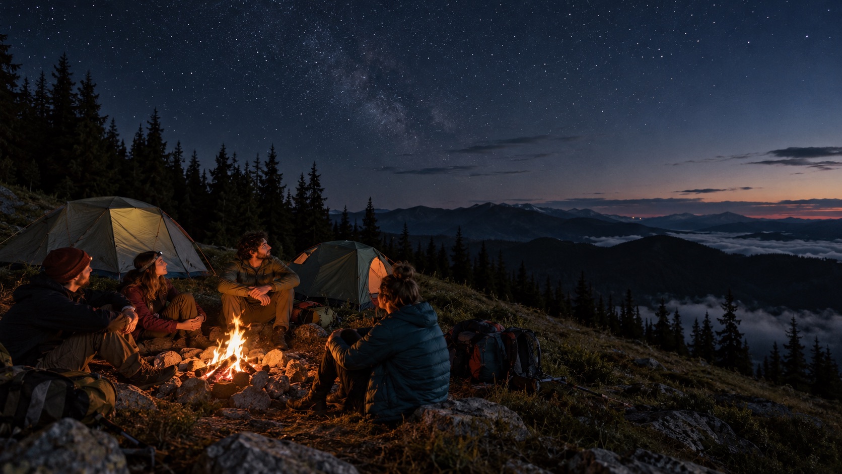 A small group sits around a campfire beside tents beneath a starry mountain sky.