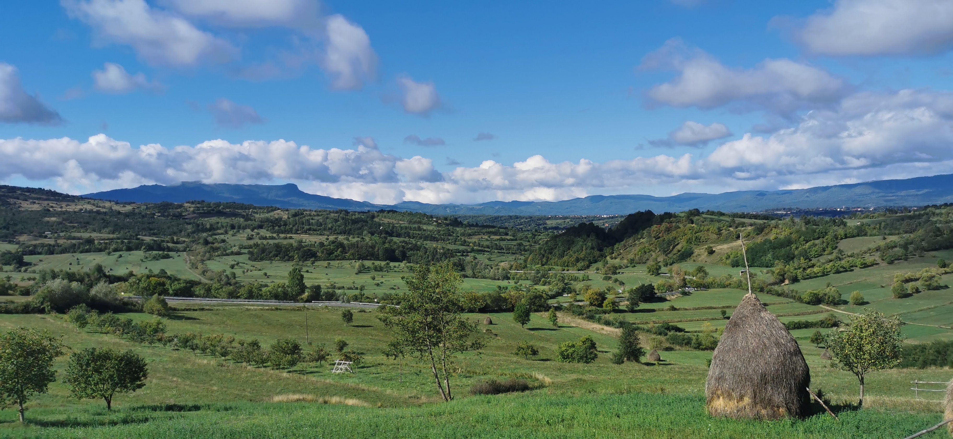 A traditional haystack stands in a wide green Maramureș valley beneath a blue sky.