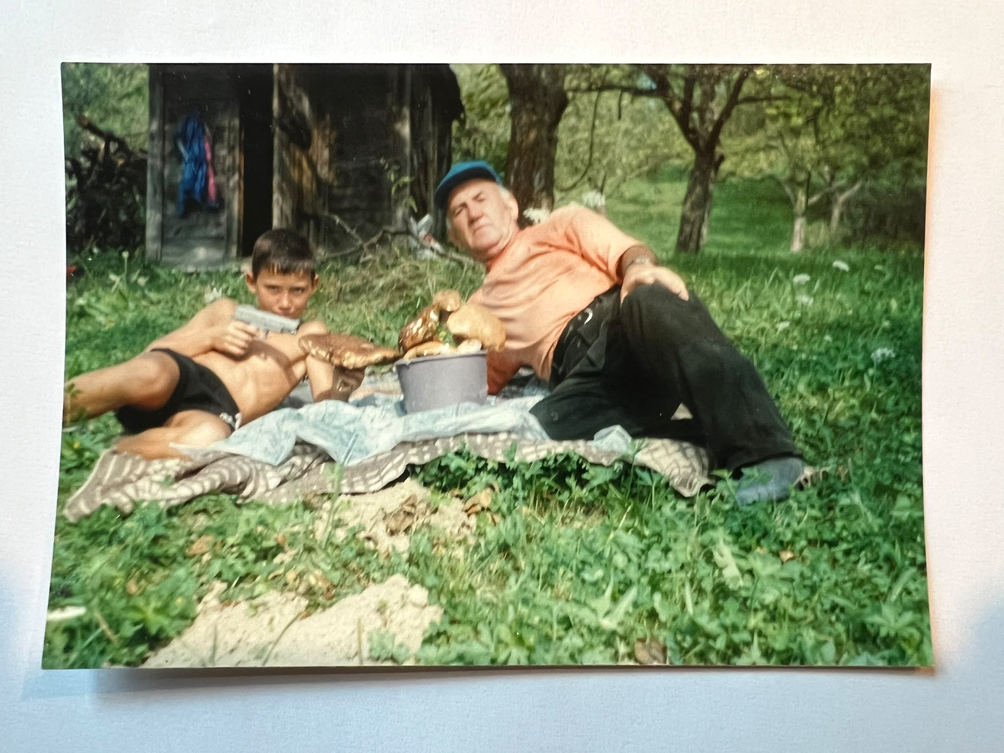 A boy and an older man in a blue cap lie on the grass beside a bucket of large mushrooms, in front of a wooden shed.